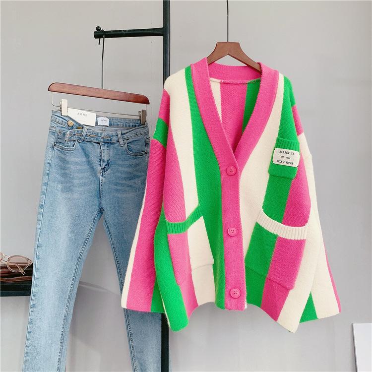 Women Striped Loose Knitting Cardigans-Sweaters-Rose Red-One Size-Free Shipping Leatheretro