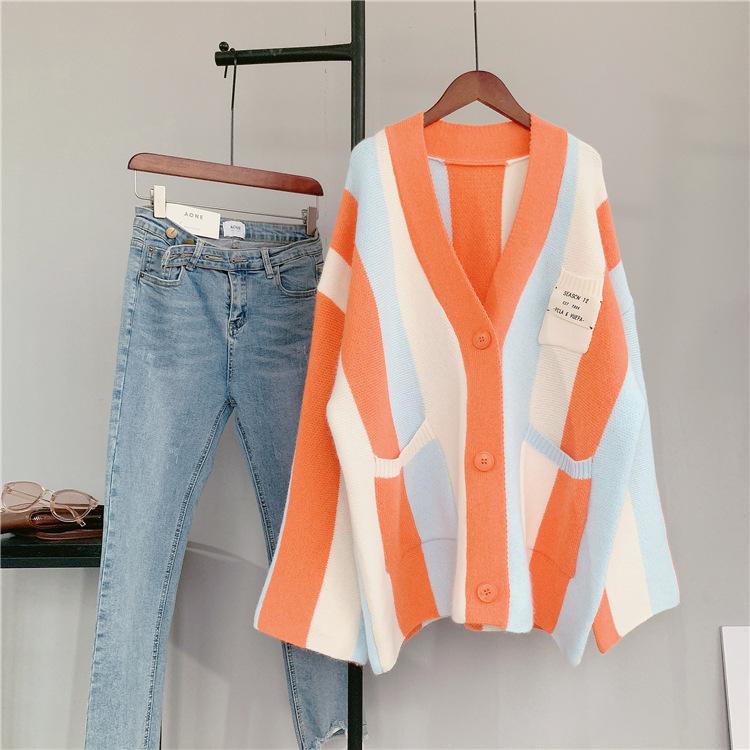 Women Striped Loose Knitting Cardigans-Sweaters-Orange-One Size-Free Shipping Leatheretro
