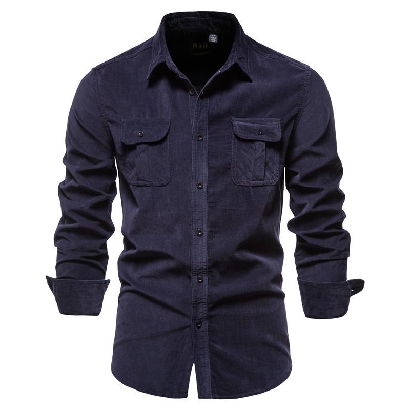 Casual Men Cotton Long Sleeves Shirts-Shirts & Tops-Navy Blue-M-Free Shipping Leatheretro