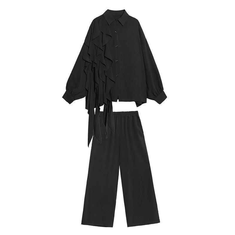 Retro Women Ruffles Top&Loose Pants-Two Pieces Suits-Black-One Size-Free Shipping Leatheretro