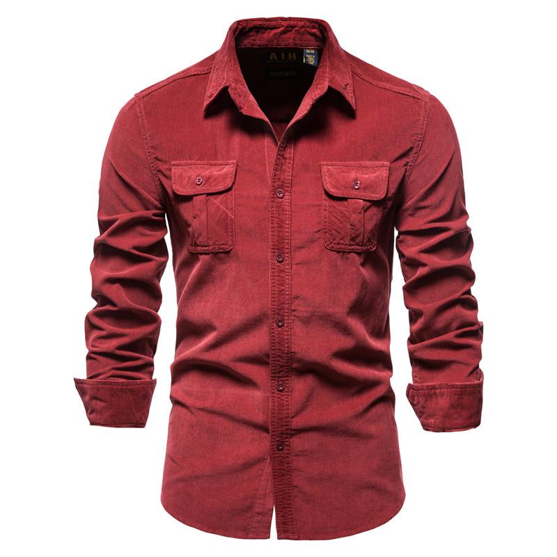 Casual Men Cotton Long Sleeves Shirts-Shirts & Tops-Red-M-Free Shipping Leatheretro