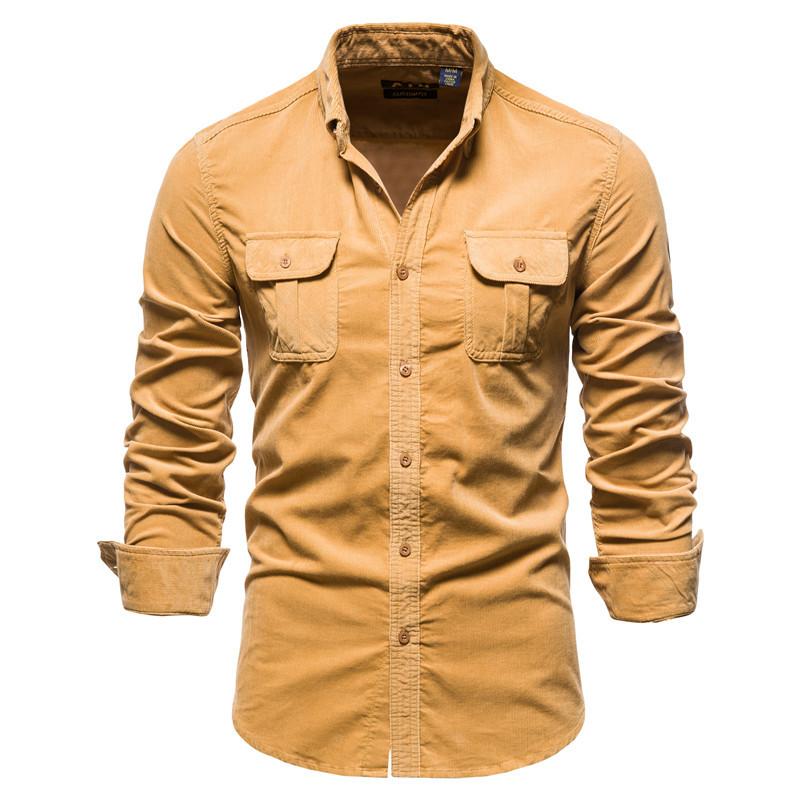 Casual Men Cotton Long Sleeves Shirts-Shirts & Tops-Yellow-M-Free Shipping Leatheretro