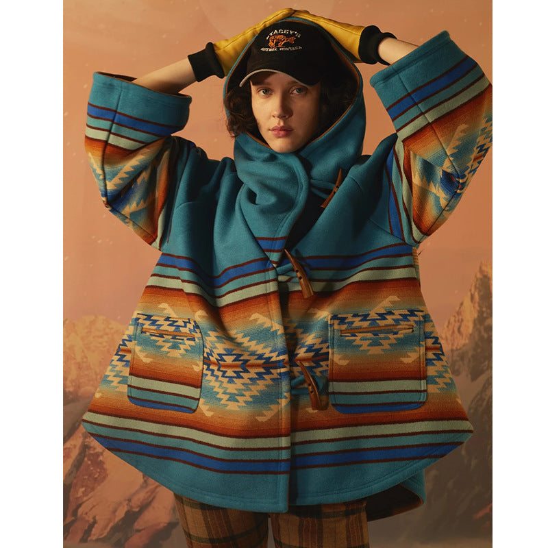 Blue Casual Women Boho Woolen Overcoat with Hat-Outerwear-The same As Picture-S-Free Shipping Leatheretro