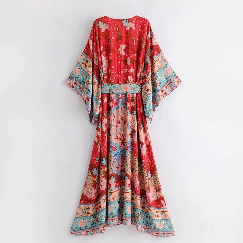 Red V-neck Bohemia Kimono Style Dresses-Mini Dresses-The same as picture-S-Free Shipping Leatheretro