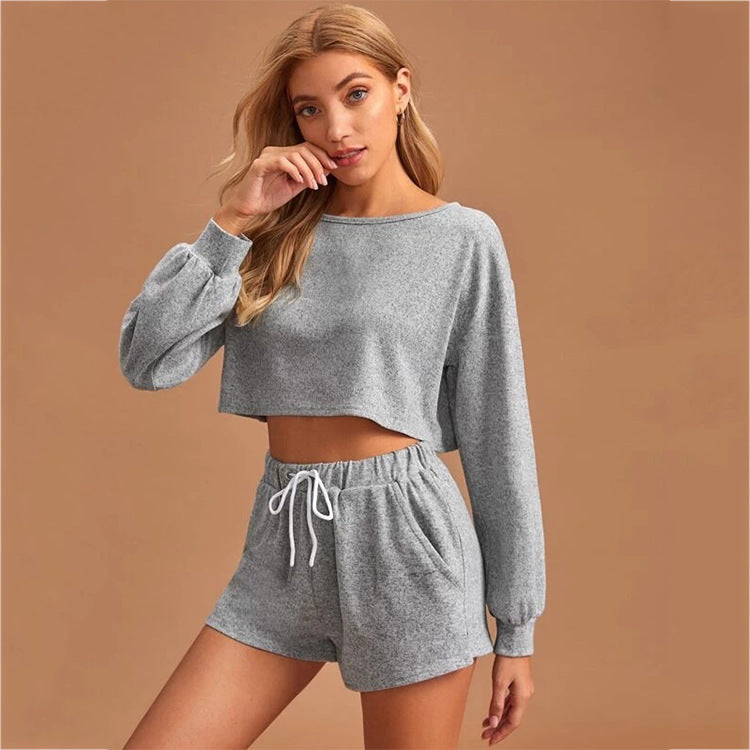 Casual Drawstring Women Long Sleeves Tops and Cropped Shorts-Suits-White-S-Free Shipping Leatheretro