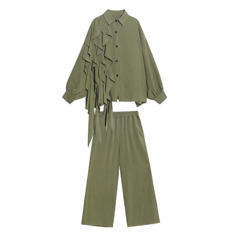 Retro Women Ruffles Top&Loose Pants-Two Pieces Suits-Army Green-One Size-Free Shipping Leatheretro