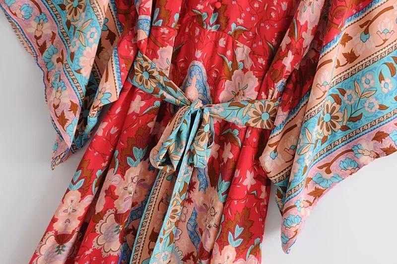 Red V-neck Bohemia Kimono Style Dresses-Mini Dresses-The same as picture-S-Free Shipping Leatheretro