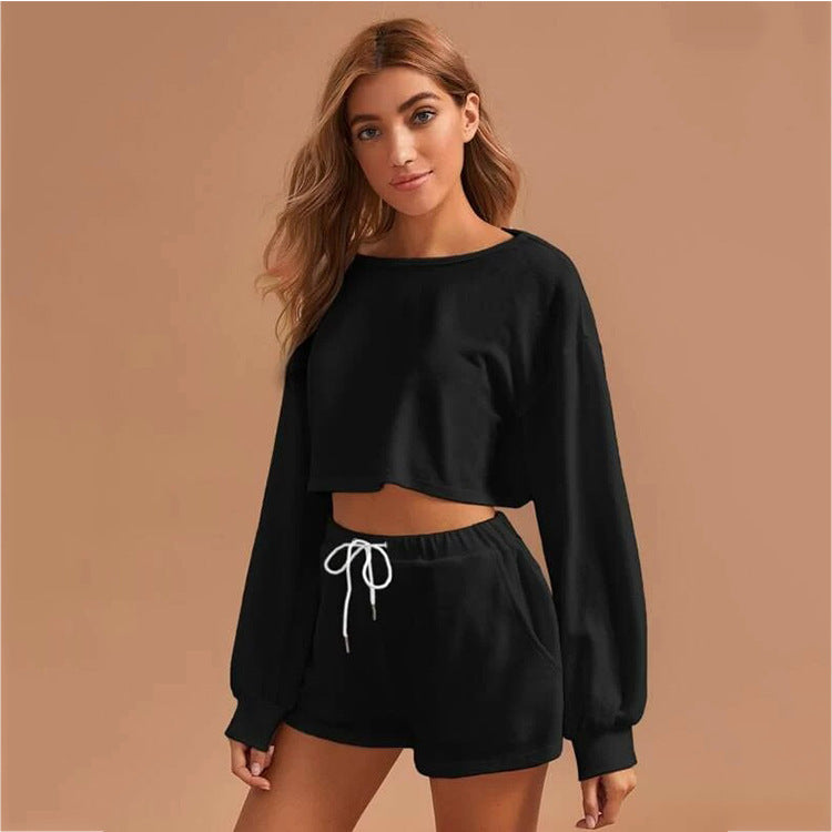 Casual Drawstring Women Long Sleeves Tops and Cropped Shorts-Suits-Black-S-Free Shipping Leatheretro