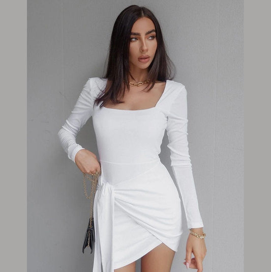Sexy Long Sleeves U Neck Fall Dresses-Sexy Dresses-White-S-Free Shipping Leatheretro