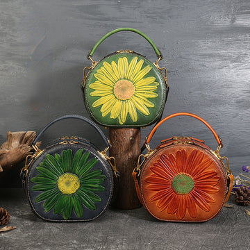 Vintage Cowhide Leather Round Shape Women Handbags 6222-Handbags-Yellow-Free Shipping Leatheretro