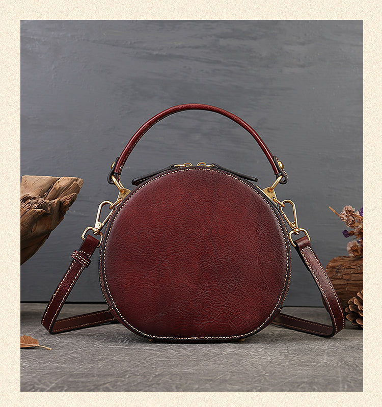 Cute Round Shape Cat Design Leather Handle Handbags 6222-Brown-Free Shipping Leatheretro