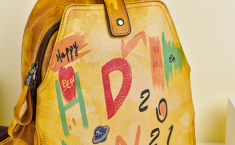 Vintage Graffiti Leather Backback for Women C313-Leatehr Backpack-Yellow-Free Shipping Leatheretro