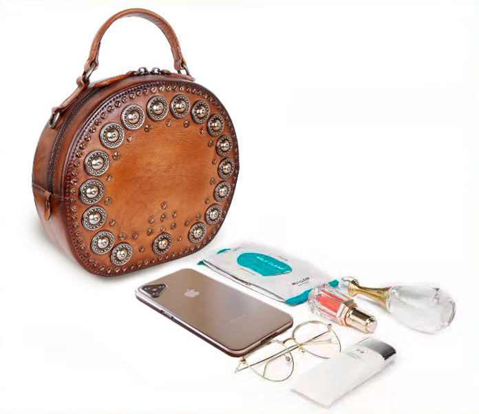 Vintage Handmade Rivet Cute Round Shape Leather Bags 8093-Leather Bags for Women-Red-Free Shipping Leatheretro