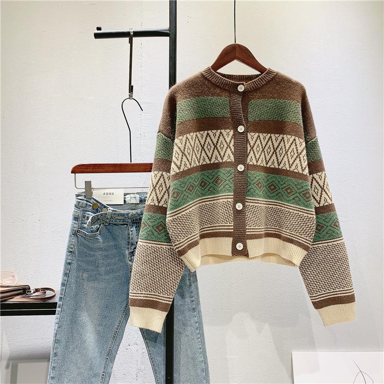 Vintage Geometry Print Women Cardigan Sweaters-Shirts & Tops-Coffee-One Size-Free Shipping Leatheretro
