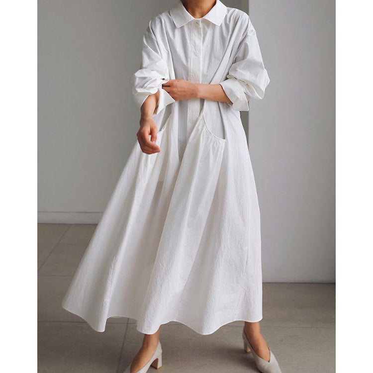 Urban White Lapel Long Shirt Dress-Maxi Dress-WHITE-S-Free Shipping Leatheretro