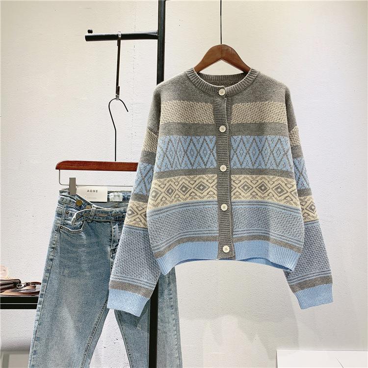 Vintage Geometry Print Women Cardigan Sweaters-Shirts & Tops-Gray-One Size-Free Shipping Leatheretro