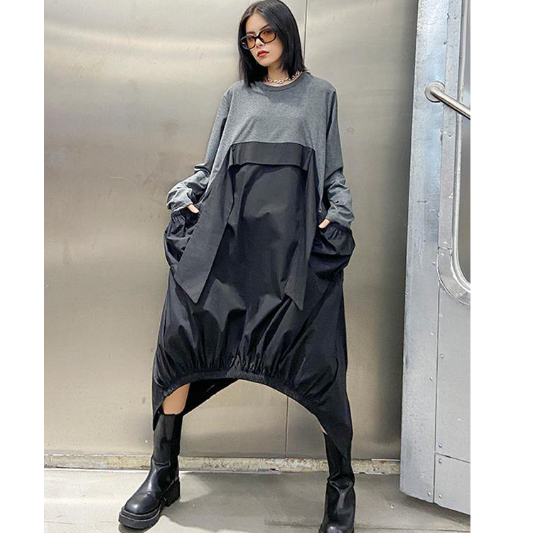 Loose Split-Joint Round-Neck Long Dress-Cozy Dresses-BLACK-FREE SIZE-Free Shipping Leatheretro