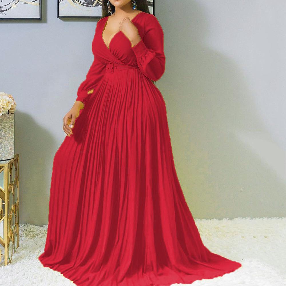 Women V Neck Plus Size Long Dresses-Maxi Dresses-Red-S-Free Shipping Leatheretro