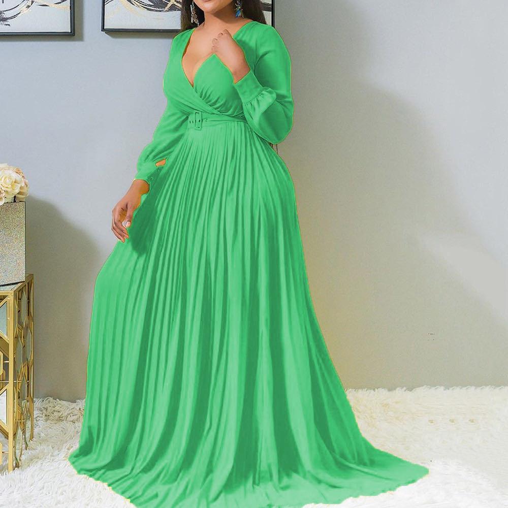 Women V Neck Plus Size Long Dresses-Maxi Dresses-Green-S-Free Shipping Leatheretro