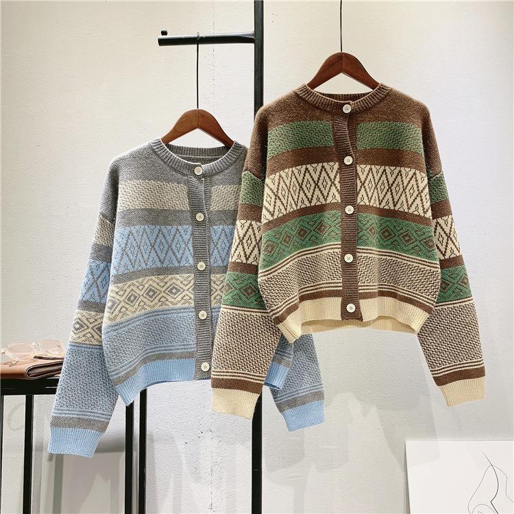 Vintage Geometry Print Women Cardigan Sweaters-Shirts & Tops-Coffee-One Size-Free Shipping Leatheretro