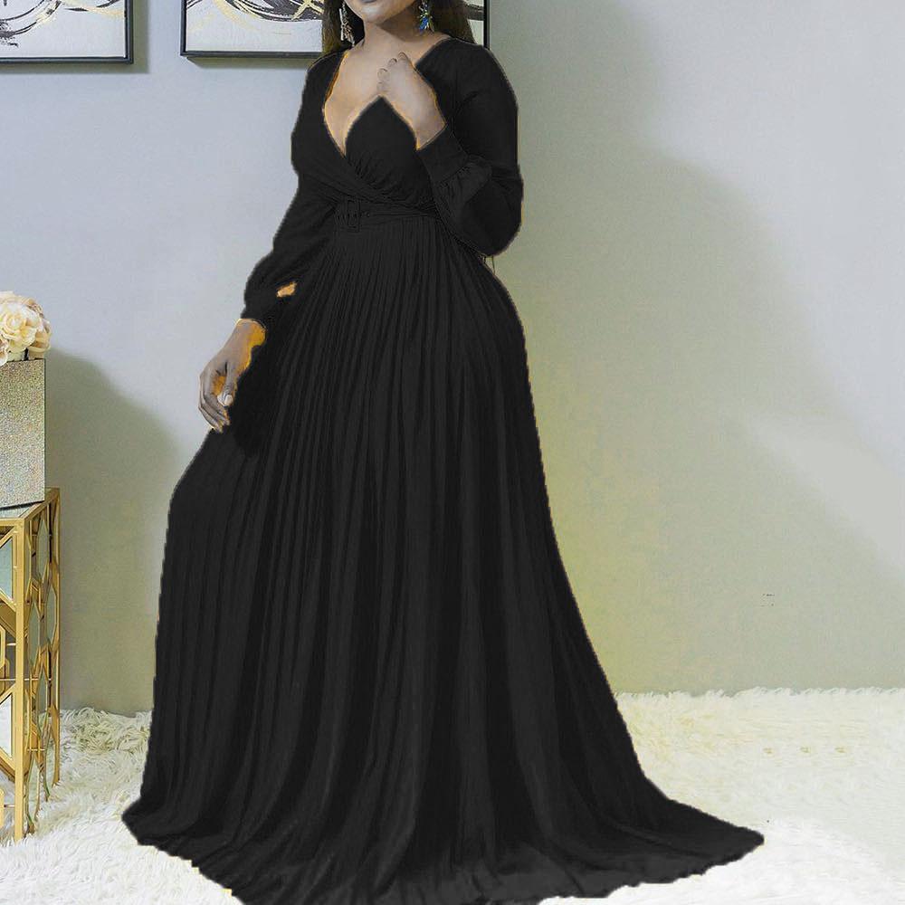 Women V Neck Plus Size Long Dresses-Maxi Dresses-Black-S-Free Shipping Leatheretro