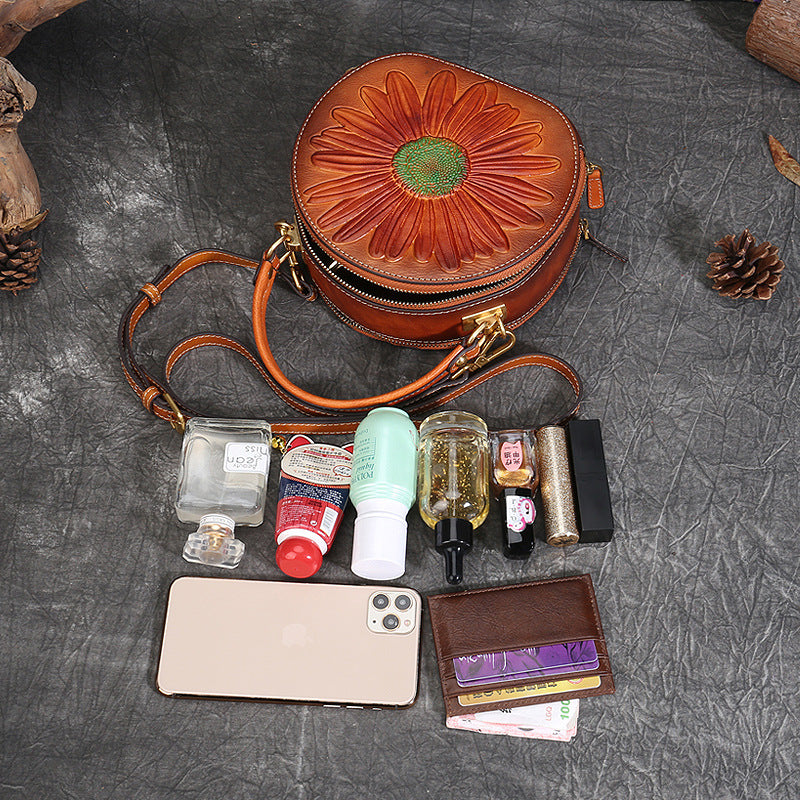 Vintage Cowhide Leather Round Shape Women Handbags 6222-Handbags-Yellow-Free Shipping Leatheretro