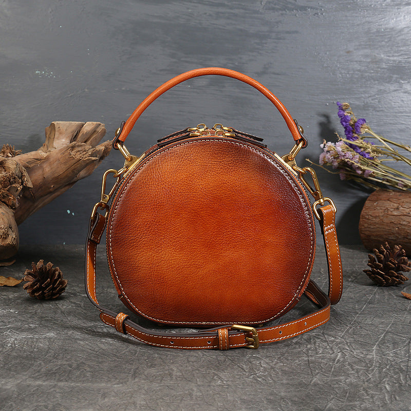 Vintage Cowhide Leather Round Shape Women Handbags 6222-Handbags-Yellow-Free Shipping Leatheretro