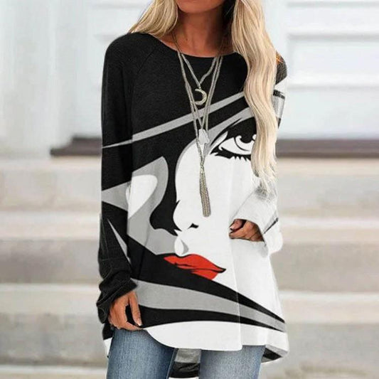 Leisure Pullover Face Print Loose Shirts-Shirts&Blouses-Black-S-Free Shipping Leatheretro