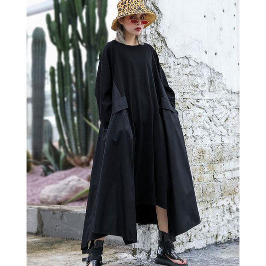 Black Loose A-line Long Sleeves Dresses-Cozy Dresses-FREE SIZE-BLACK-Free Shipping Leatheretro