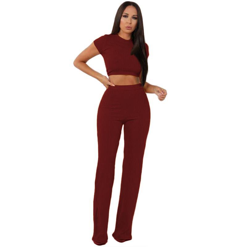 Leisure Elastic Two Pieces Women Outfits-Two Pieces Suits-Wine Red-S-Free Shipping Leatheretro