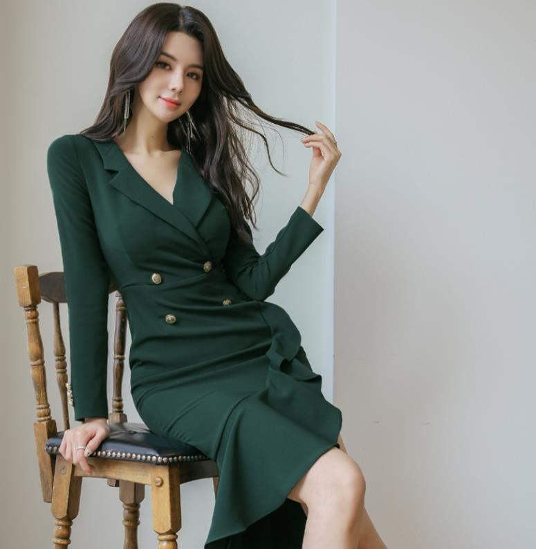 Sexy Ruffled Office Lady Sheath Mermaid Dresses-Dresses-Green-S-Free Shipping Leatheretro