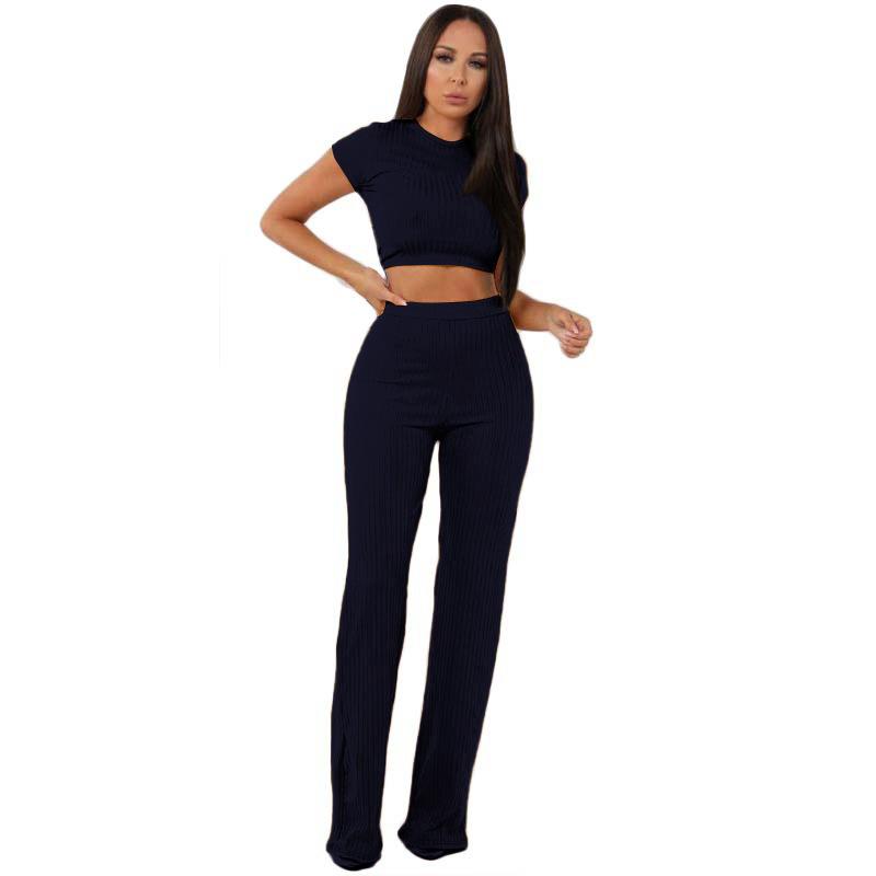 Leisure Elastic Two Pieces Women Outfits-Two Pieces Suits-Dark Blue-S-Free Shipping Leatheretro