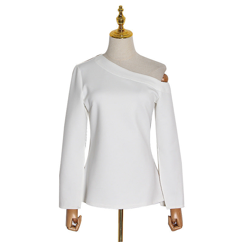 White One Shoulder Long Sleeves T Shirts for Women-Shirts & Tops-White-S-Free Shipping Leatheretro