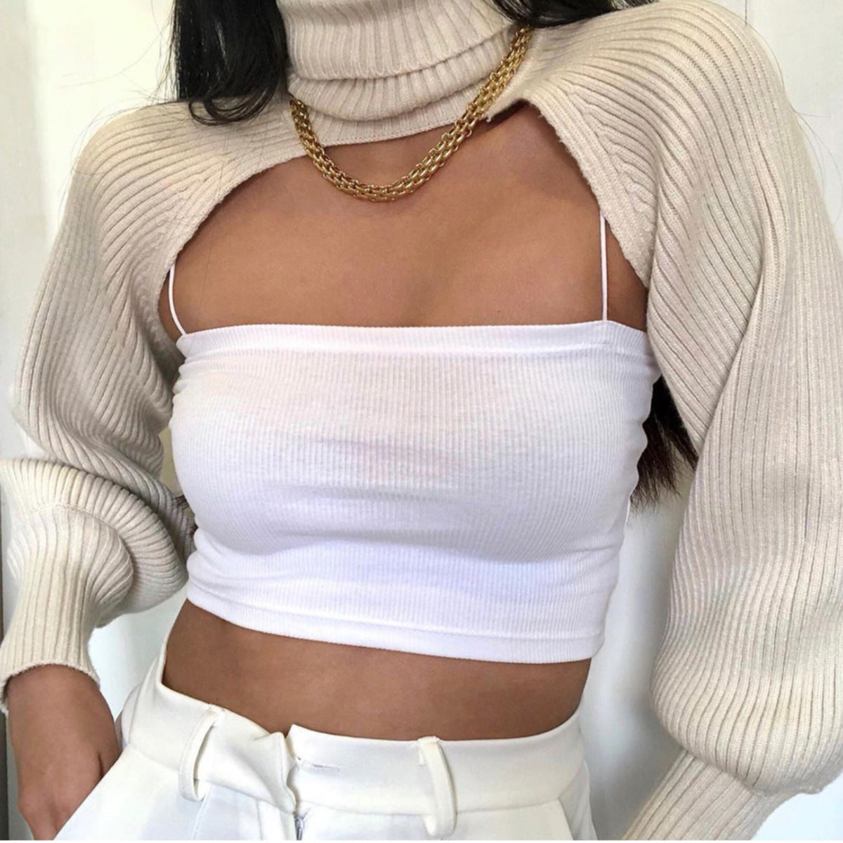 Fashion High Neck Knitted Designed Sweaters-Shirts & Tops-White-One Size-Free Shipping Leatheretro