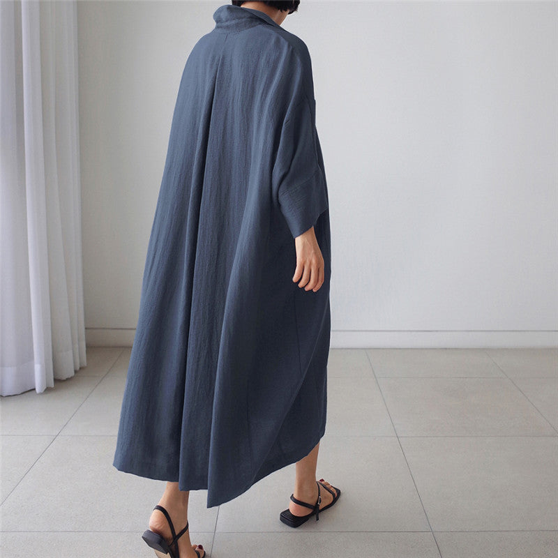 Vintage Linen Plus Sizes Batwing Long Cozy Shirts Dresses-Dresses-Black-S-Free Shipping Leatheretro