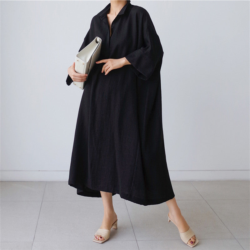 Vintage Linen Plus Sizes Batwing Long Cozy Shirts Dresses-Dresses-Black-S-Free Shipping Leatheretro