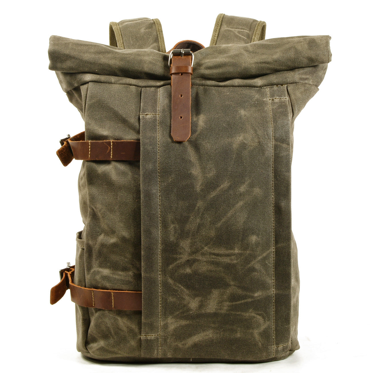 Leisure Men;s Leather Canvas Hiking Backpack C9721-Leather Canvas Backpack-Army Green-Free Shipping Leatheretro