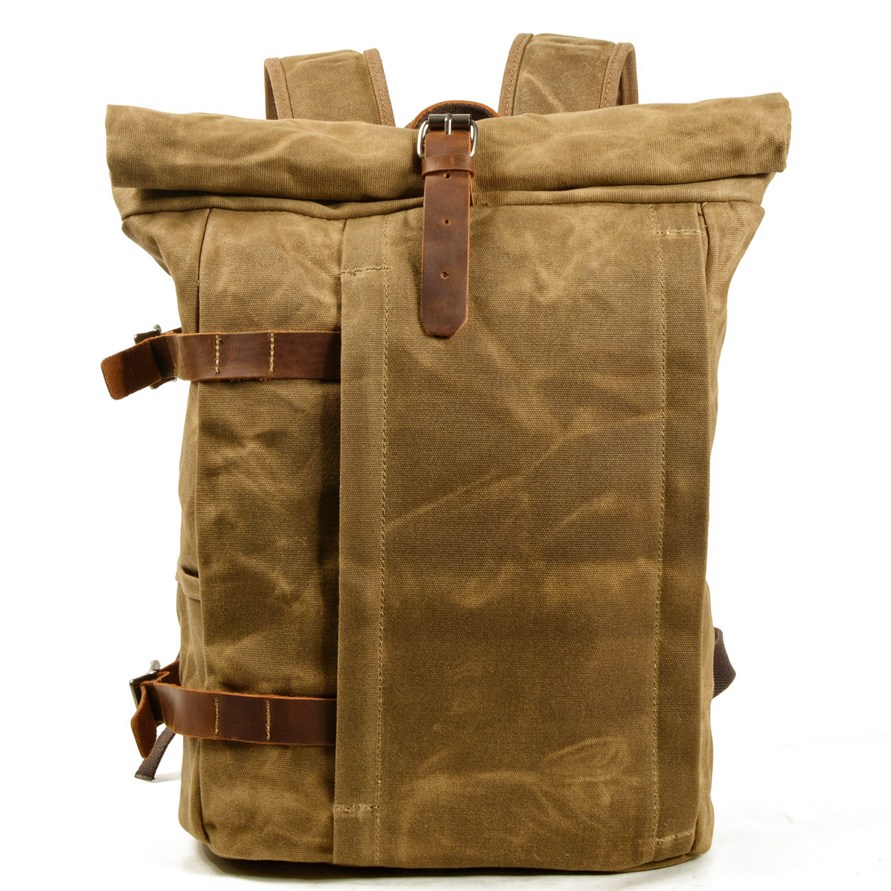 Leisure Men;s Leather Canvas Hiking Backpack C9721-Leather Canvas Backpack-Khaki-Free Shipping Leatheretro