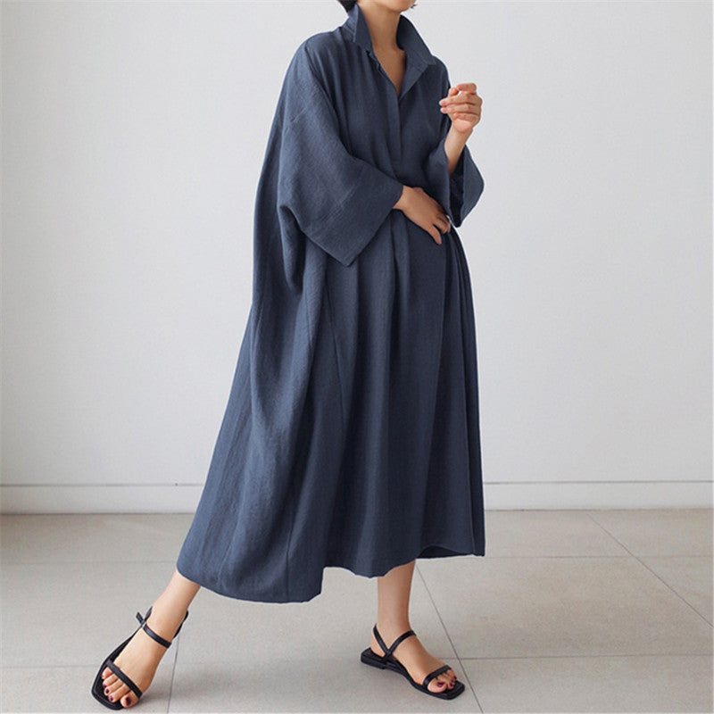 Vintage Linen Plus Sizes Batwing Long Cozy Shirts Dresses-Dresses-Black-S-Free Shipping Leatheretro