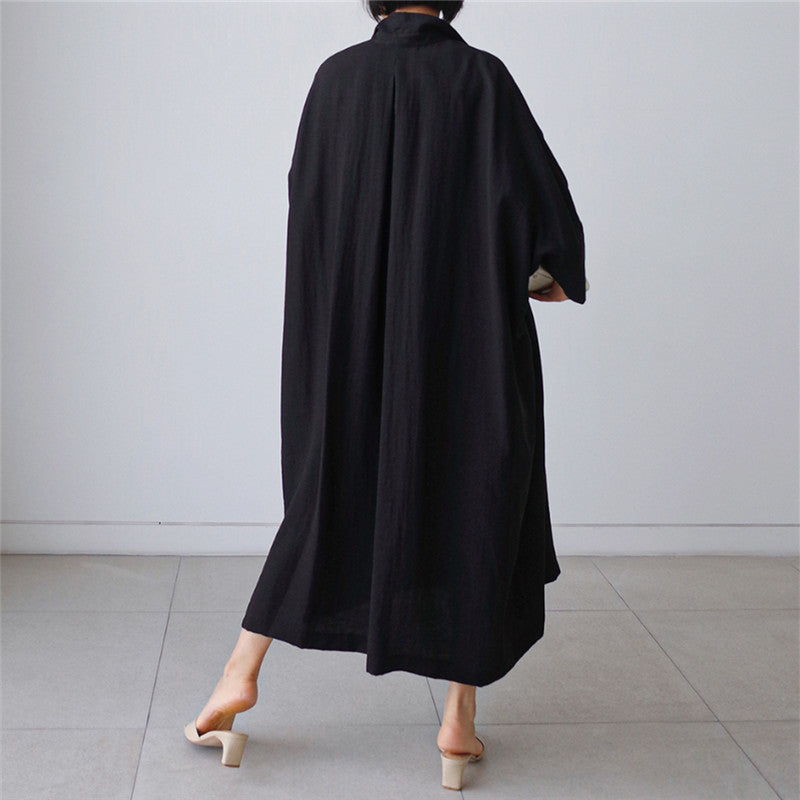 Vintage Linen Plus Sizes Batwing Long Cozy Shirts Dresses-Dresses-Black-S-Free Shipping Leatheretro