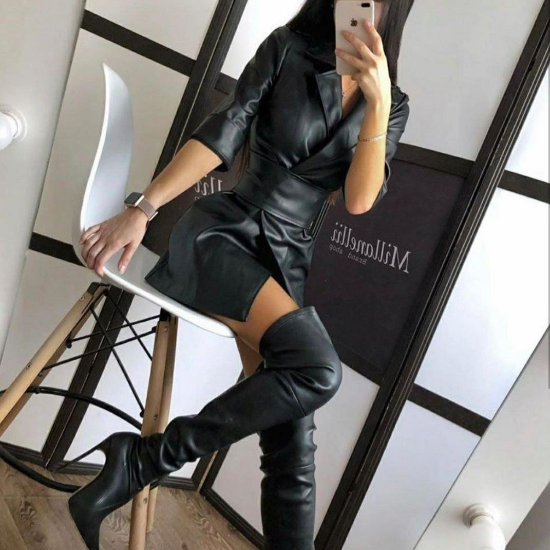 Women Long Sleeves Blazer Mini PU Dresses with Belt-Sexy Dresses-Black-S-Free Shipping Leatheretro