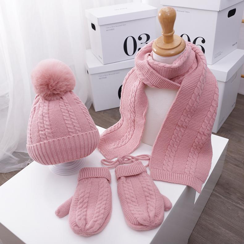 Kids Winter Kitting 3pcs/Set Hats&Scarfs&Gloves-Hats-Pink-Free Shipping Leatheretro