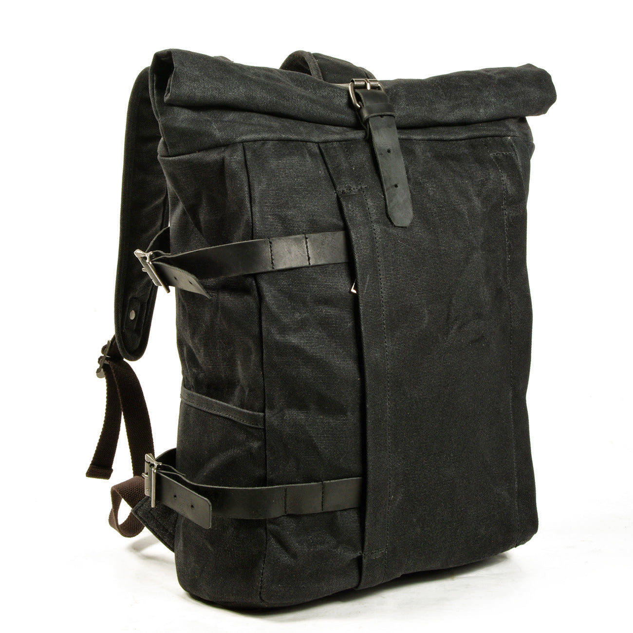 Leisure Men;s Leather Canvas Hiking Backpack C9721-Leather Canvas Backpack-Black-Free Shipping Leatheretro