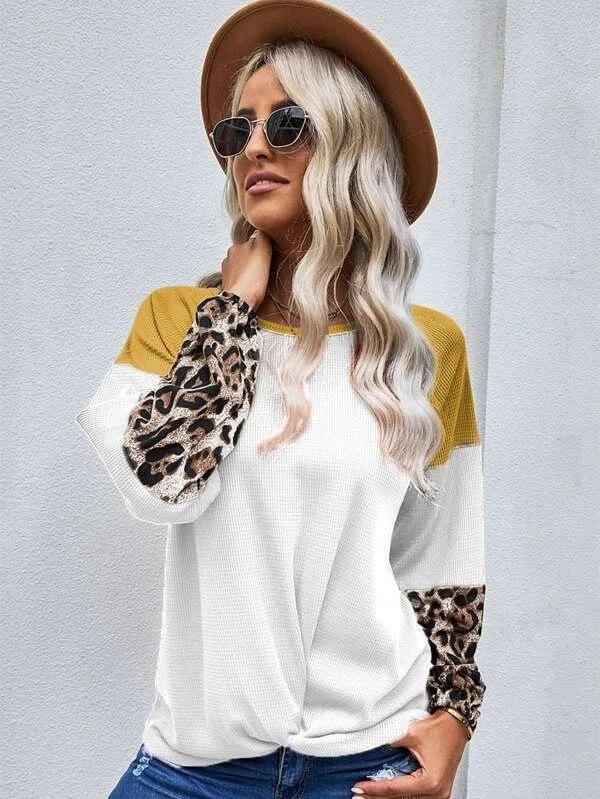 Casual Women Leopard Knitting Long Sleeves T Shirts-Women Sweaters-Black-S-Free Shipping Leatheretro