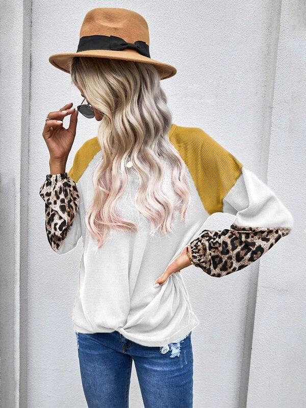 Casual Women Leopard Knitting Long Sleeves T Shirts-Women Sweaters-Black-S-Free Shipping Leatheretro