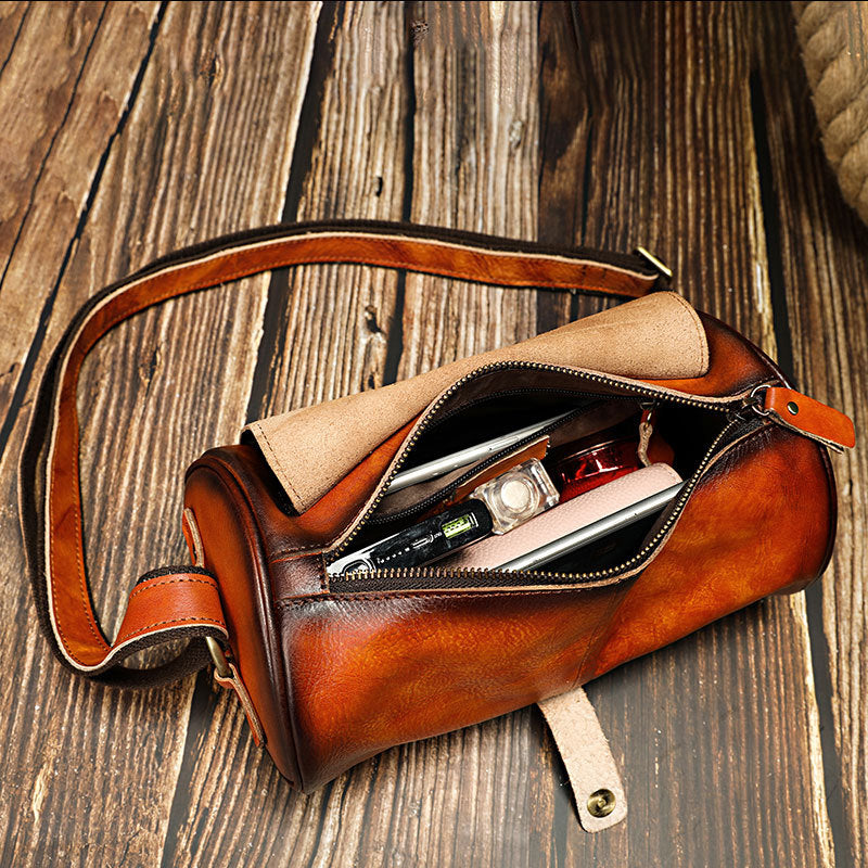 Vintage Small Leisure Leather Bucket Shoulder Bags A012-Leather Bags for Women-Brown-Free Shipping Leatheretro