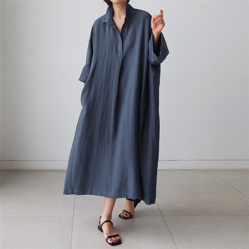 Vintage Linen Plus Sizes Batwing Long Cozy Shirts Dresses-Dresses-Black-S-Free Shipping Leatheretro