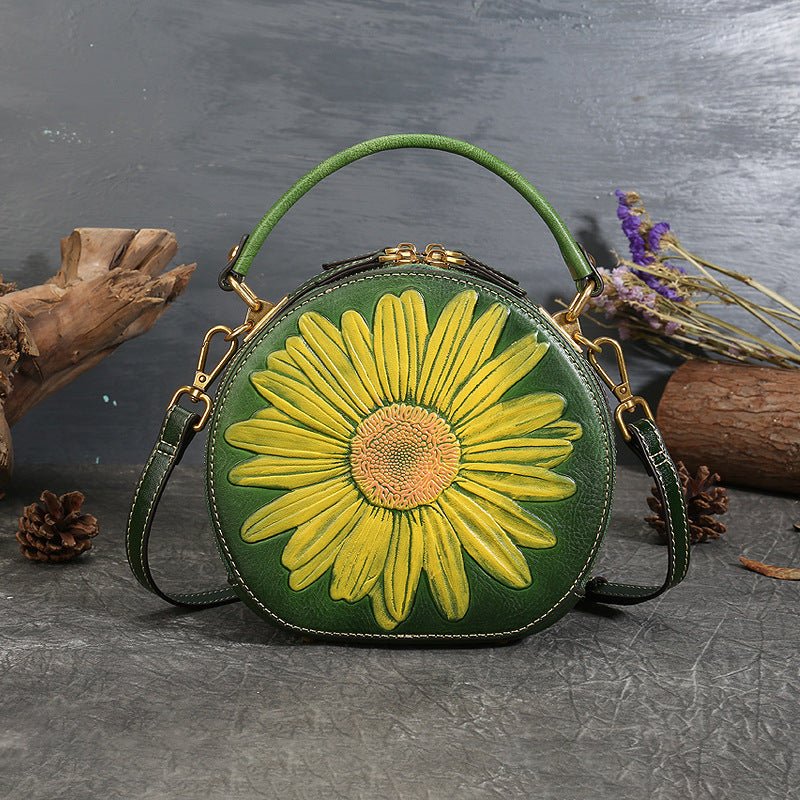 Vintage Cowhide Leather Round Shape Women Handbags 6222-Handbags-Green-Free Shipping Leatheretro