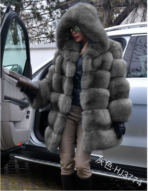 Fashion Artificial Fox Fur Long Overcoat with Hat-Coats & Jackets-Dark Gray-S-Free Shipping Leatheretro