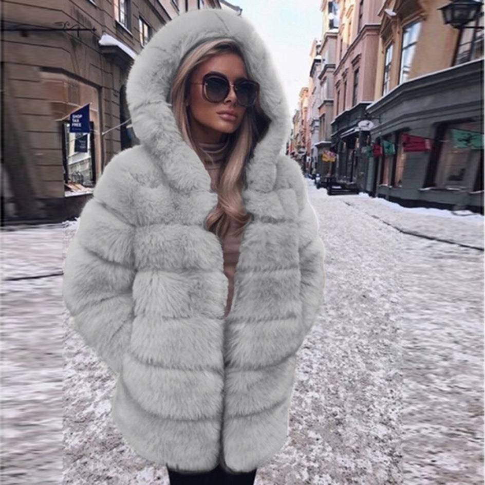 Fashion Artificial Fox Fur Long Overcoat with Hat-Coats & Jackets-Pink-S-Free Shipping Leatheretro